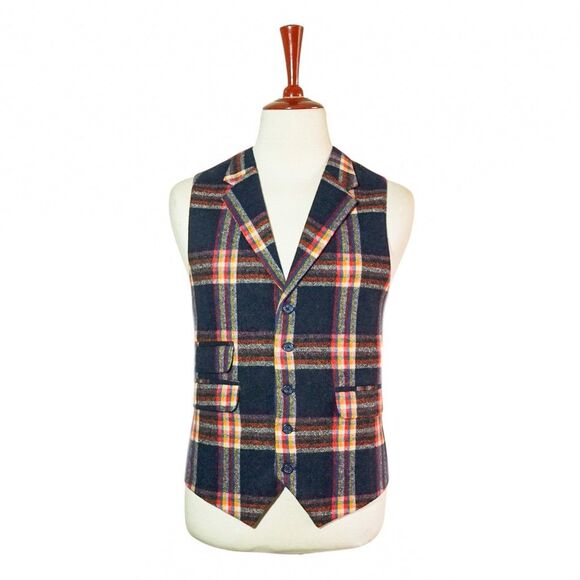 Mens 46R Wool Blue Orange Red Plaid Vest Waistcoat Wedding Party Formal Casual - Picture 1 of 8